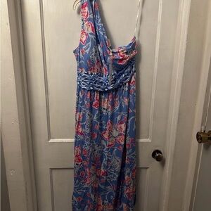 Lilly Pulitzer Blue Floral with Pink Accents. 
Helina One Shoulder Midi Dress